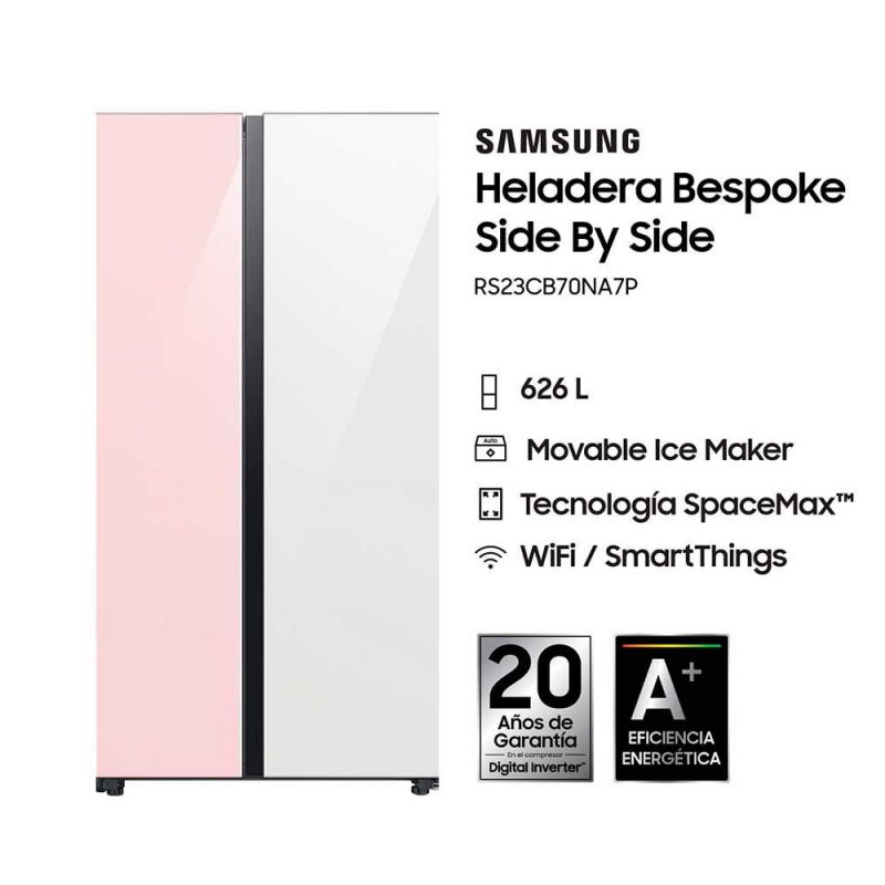 Heladera Side By Side 626Lts Samsung Bespoke RS23CB70NA7P Inverter No Frost White Pink